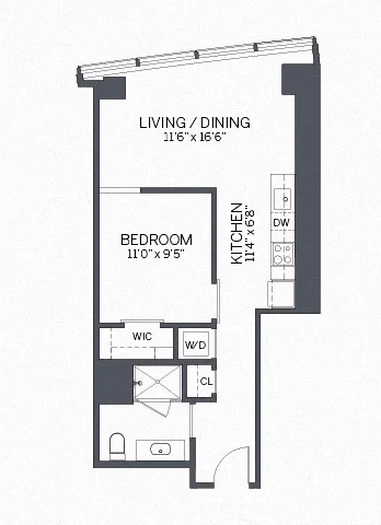 Floor plan for 1 bed, 1 bath, 647 sqft